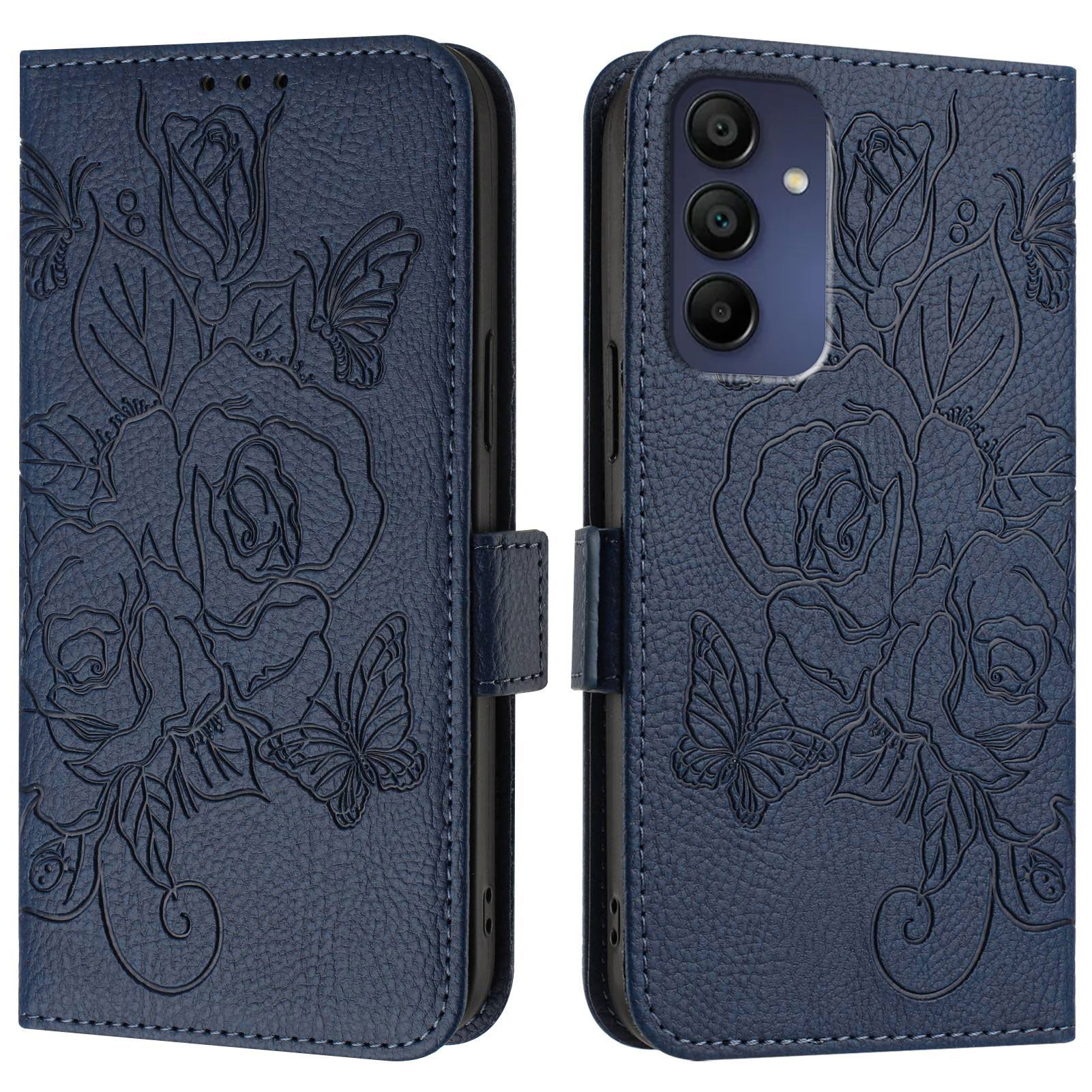 For Samsung Galaxy A16 5G / A16 4G Case Rose Imprinted RFID Blocking Leather Phone Cover with Strap - Dark Blue For Samsung Galaxy A16 5G / A16 4G Case Rose Imprinted RFID Blocking Leather Phone Cover with Strap - Dark Blue